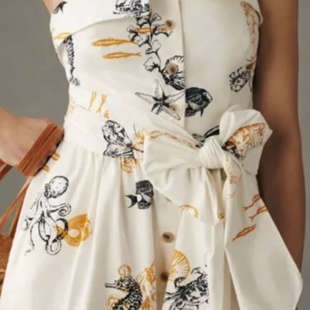 Anthropologie Maeve Sea Creatures Strapless Buttondown Wide-Leg Jumpsuit - Picture 13 of 16